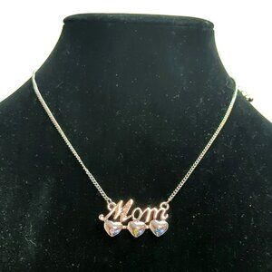 Silver Tone "Mom" Necklace With Three Hearts & Gem Accents